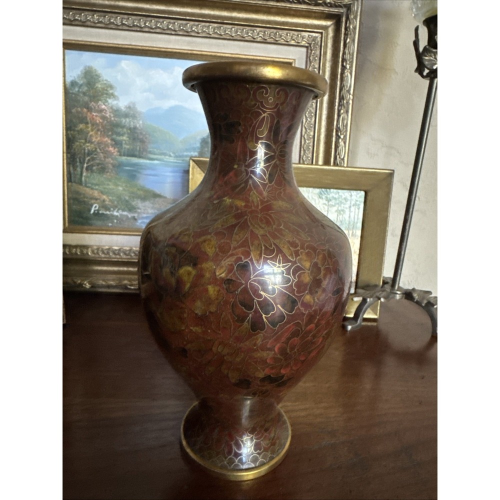 Vintage Chinese Cloisonne Enamel Vase‎ Red Brown Floral Brass Millefleurs